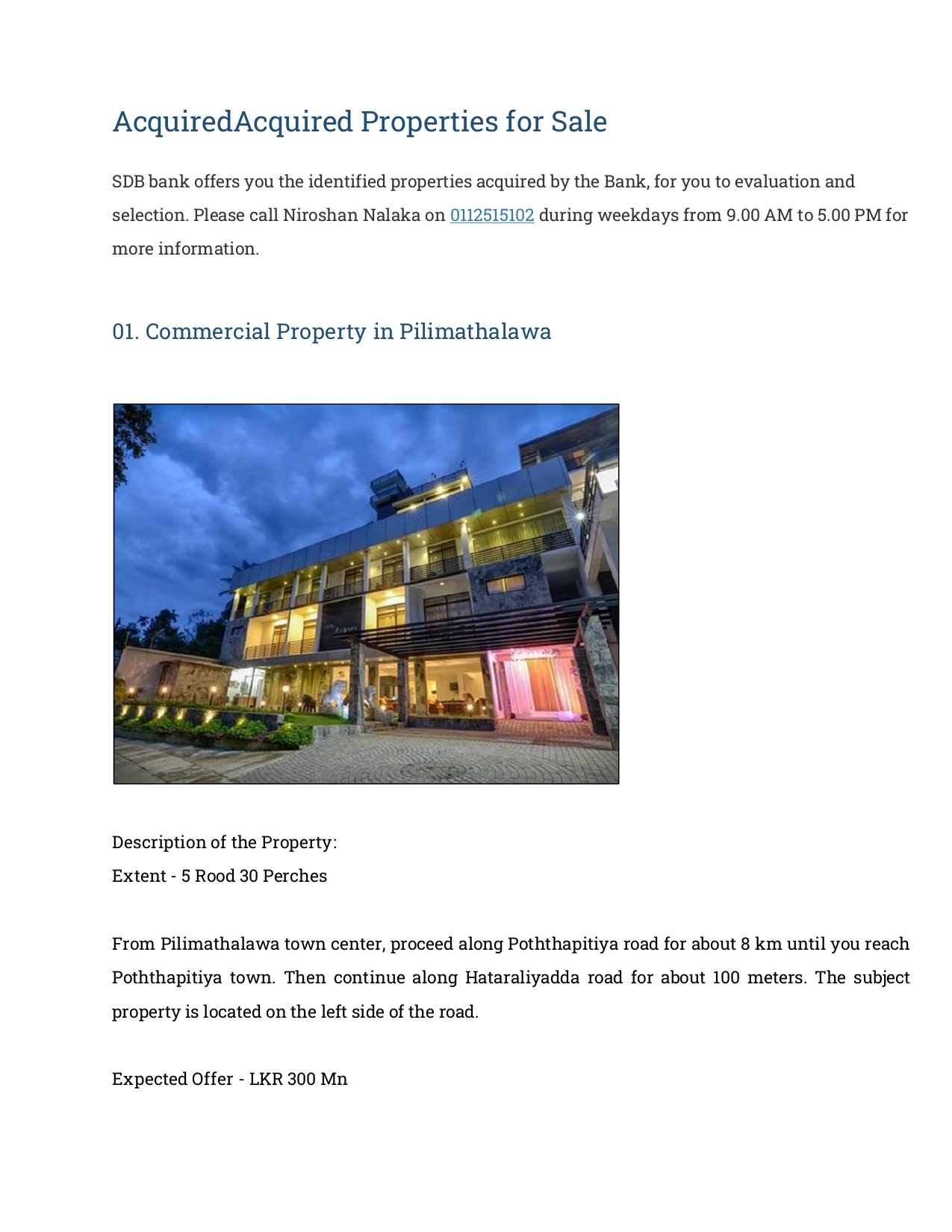 Acquired Properties for Sale